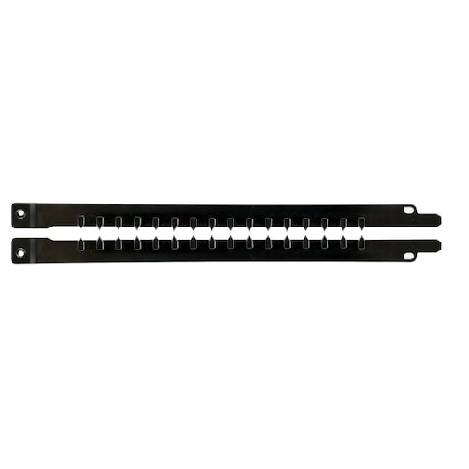 Two black metal strips with evenly spaced slots and holes for mounting, photographed on a white background.