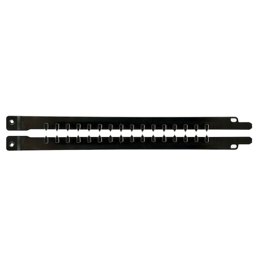 Two black metal strips with evenly spaced slots and mounting holes, photographed against a white background.
