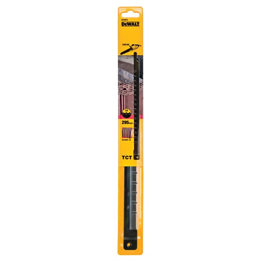 Packaged DEWALT DT2973 TCT saw blade, 295mm length, for use with power tools, shown in yellow and black packaging.