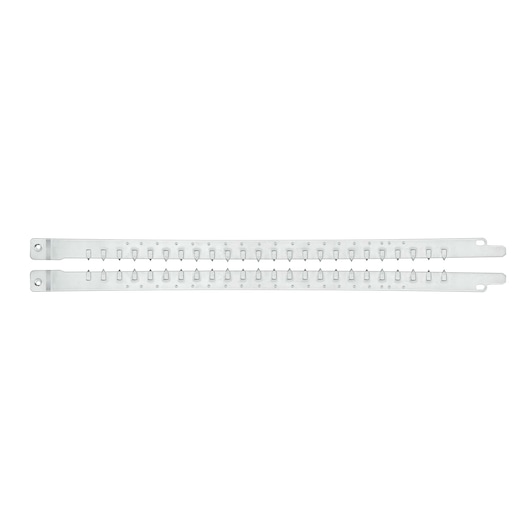 Two metal rack strips with holes and notches, shown horizontally on a white background.