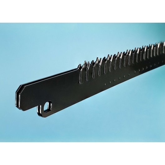 Close-up of a DEWALT DT2976 black metal chainsaw blade against a blue background.
