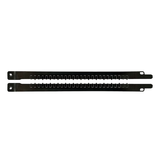 Two metal DEWALT saw blades with mounting holes and teeth, shown side by side on a white background.