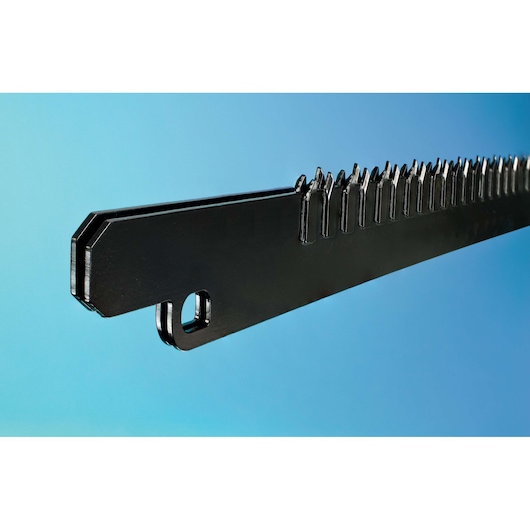 Close-up of a DEWALT metal saw blade with sharp teeth against a blue background.