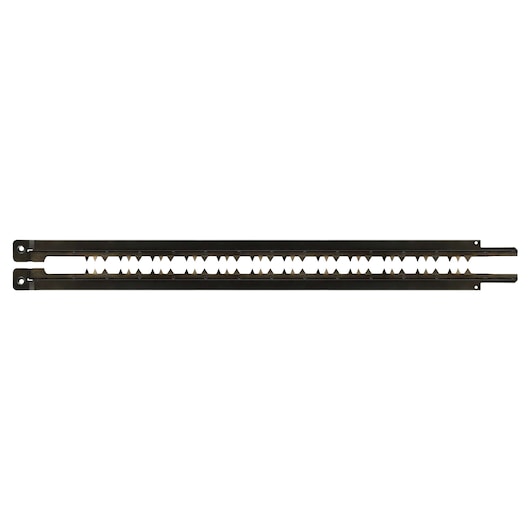 Two long, straight metal saw blades with jagged teeth are shown side by side against a white background.