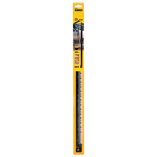 DEWALT DT2978 high speed steel saw blade for power saws, packaged in yellow and black cardboard with product specifications and usage illustrations, total length 430mm.