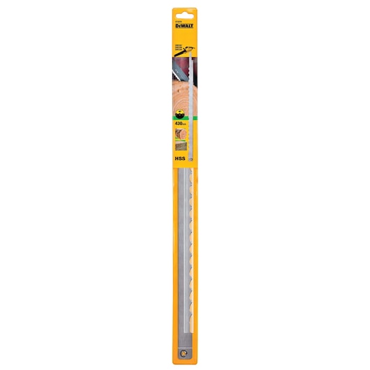 DEWALT DT2979 HSS saw blade in yellow packaging, 430mm length, designed for cutting wood.