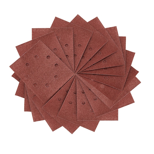 Stack of rectangular DEWALT sanding sheets with holes, arranged in a fan shape on a white background.