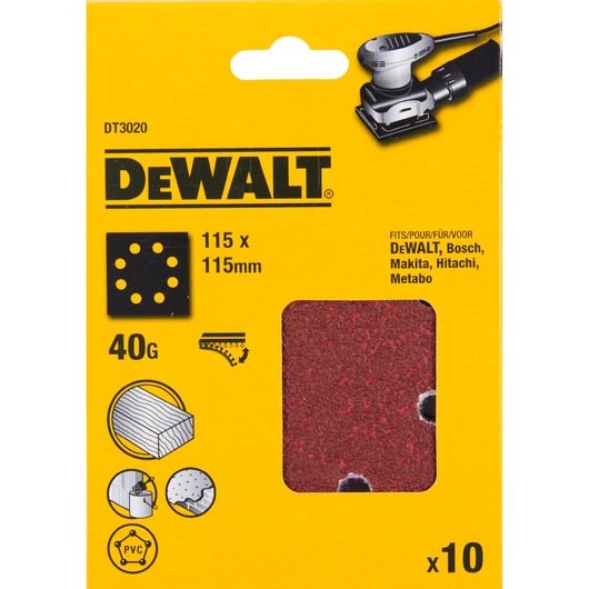DEWALT DT3020 sanding sheets, 115x115mm, 40 grit, pack of 10, suitable for various brands, yellow packaging.