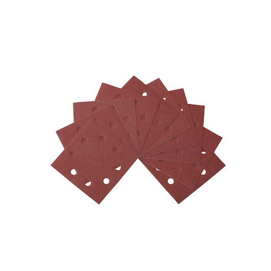 A set of rectangular brown sandpaper sheets with evenly spaced holes, fanned out on a white background.