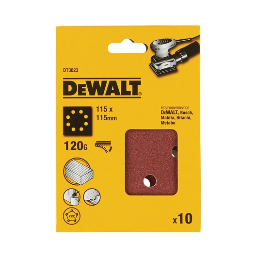 DEWALT DT3023 120G sanding sheets, 115x115mm, 10 pack, compatible with multiple brands.