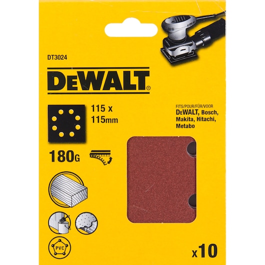 Packaging of DEWALT abrasive sanding sheets, model DT3024, suitable for 115 x 115 mm sanders. The box is yellow with black text and contains 10 sheets of 180 grit, compatible with DEWALT, Bosch, Makita, Hitachi, and Metabo sanders. There are icons showing usage for wood, paint, and PVC surfaces.