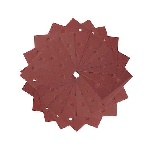 A set of rectangular sanding sheets arranged in a circular pattern. Each sheet is reddish-brown with several round holes evenly spaced across its surface.
