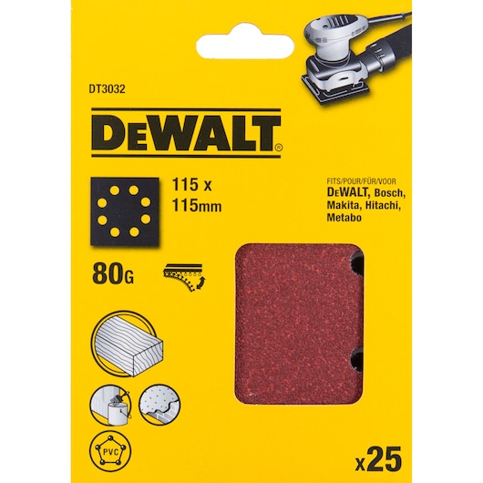 Packaging of DEWALT DT3032 sanding sheets, 115 x 115mm, 80 grit, pack of 25, suitable for DEWALT, Bosch, Makita, Hitachi, and Metabo sanders. The package is yellow with black text and illustrations showing compatible materials and a preview of the sanding sheet.