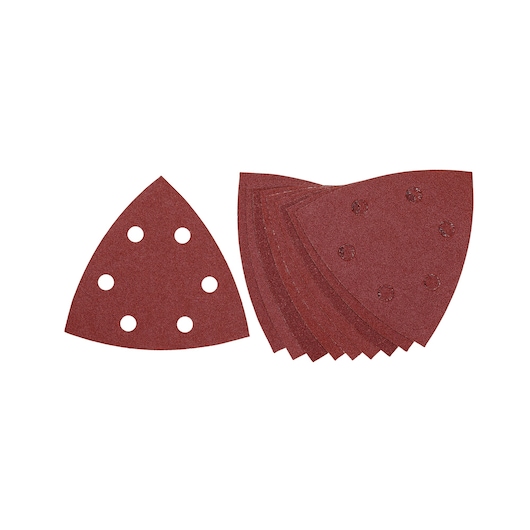 A set of triangular red sanding sheets with six round holes each, arranged in a fan shape on a white background.