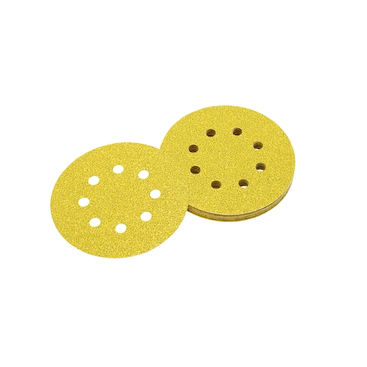 Stacked yellow DEWALT sanding discs with eight holes for dust extraction, viewed on a white background.
