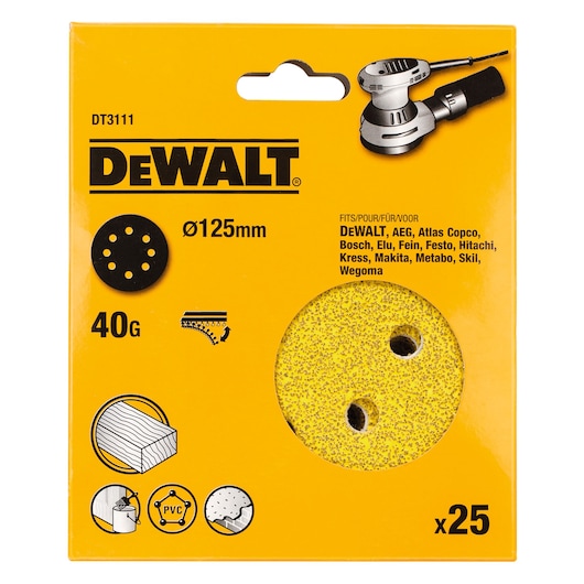 DEWALT DT3111 125mm sanding discs, 40 grit, pack of 25 for wood and PVC, compatible with multiple brands.