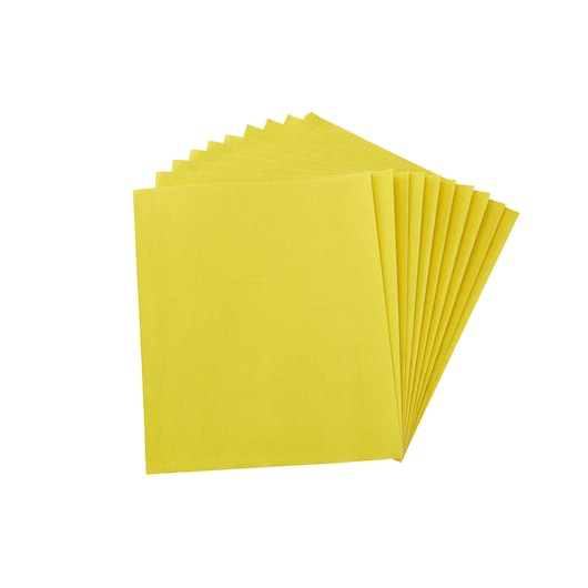 Stack of yellow rectangular sanding sheets arranged in a fanned pattern on a white background.