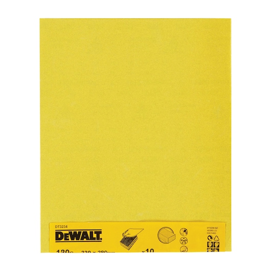 DEWALT DT3234 yellow sandpaper sheet with printed brand label and symbols at the bottom.