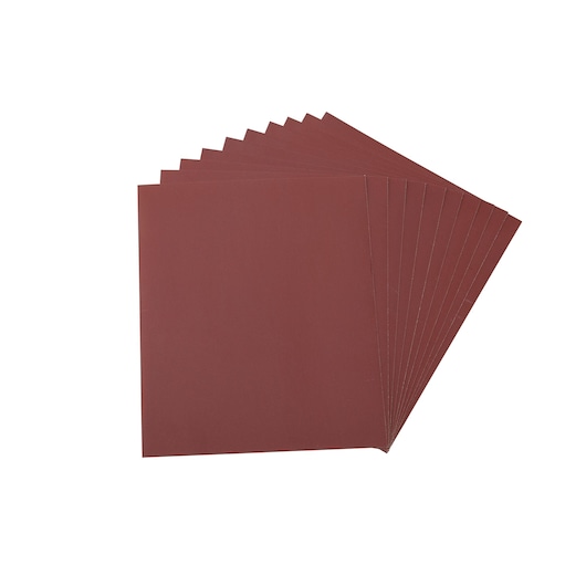 A set of eight brown-colored rectangular sheets of sandpaper arranged in a fanned-out pattern, viewed from above on a white background.