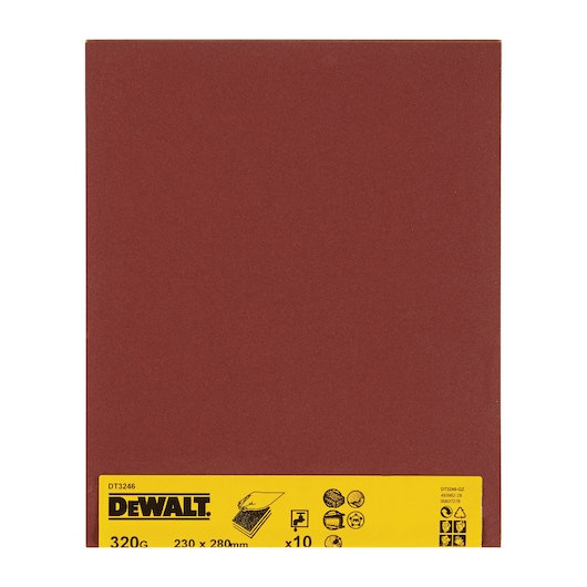 DEWALT DT3246 320G sandpaper sheet, brown, 230x280mm, pack of 10, shown with yellow product label.