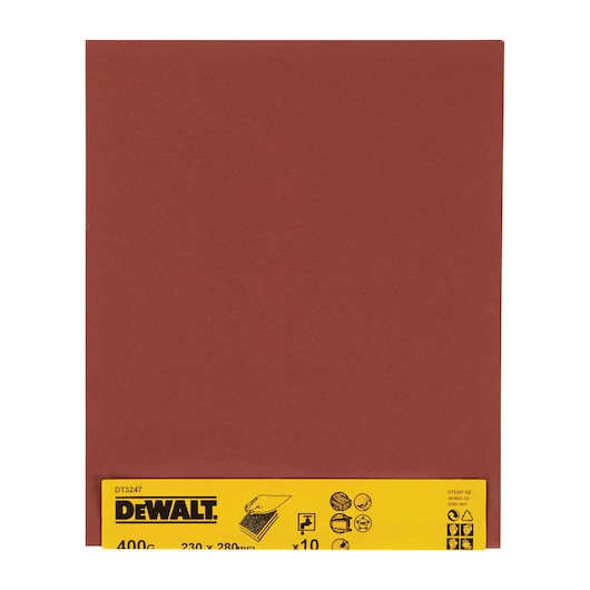 DEWALT DT3247 sandpaper sheet, 400 grit, 230x280mm, brown with yellow label. Pack of 10 sheets.