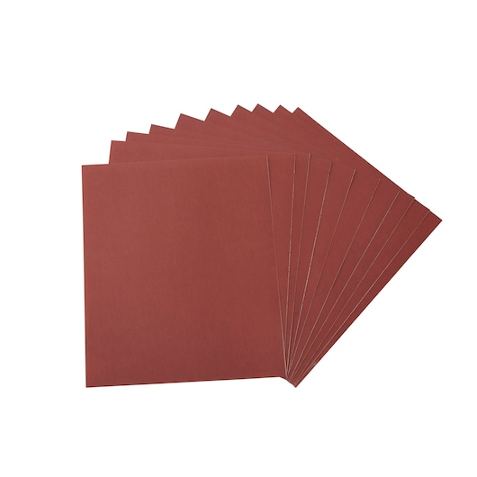 A set of nine rectangular brown sandpaper sheets, fanned out in a semi-circle on a white background.