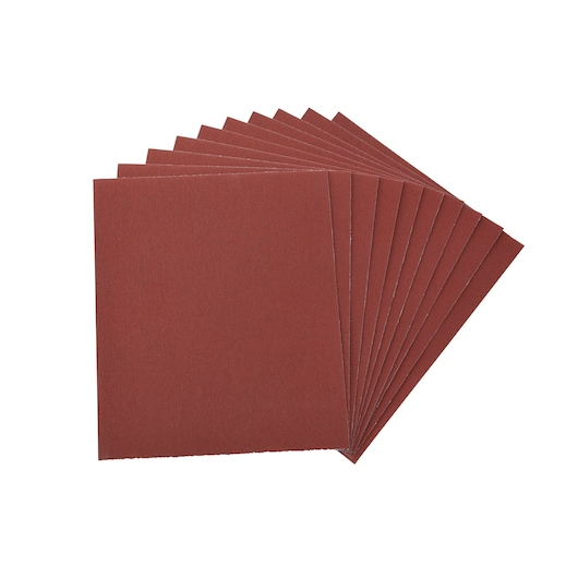 Ten brown rectangular sanding sheets stacked in a fanned arrangement for woodworking or surface smoothing.