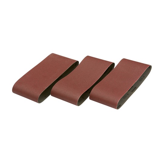 Three brown sanding belts used with power sanders, displayed side by side on a white background.