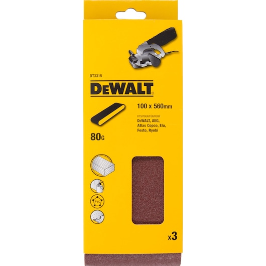 Front view of a DEWALT DT3315 sanding belt pack, yellow packaging showing product details including compatible brands, grit size 80, size 100 x 560mm, images indicating applications for wood, PVC, and plaster, and a window showing the sanding belts inside. Pack contains 3 sanding belts.