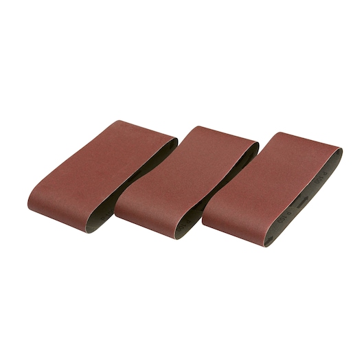 Three brown sanding belts placed side by side, used for sanding and finishing surfaces.