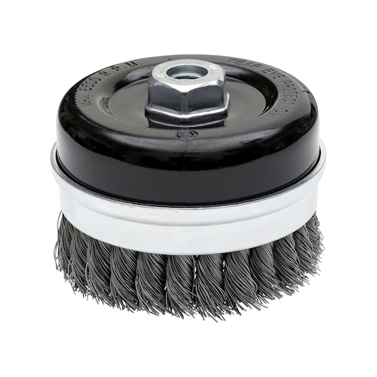 A DEWALT DT3500 wire cup brush with twisted steel bristles and a threaded mounting hole, designed for use with power tools for surface preparation and cleaning.