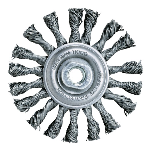 A close-up image of a DEWALT twisted wire wheel brush featuring tightly wound metal bristles arranged in a circular pattern, typically used for cleaning, deburring, and surface preparation.