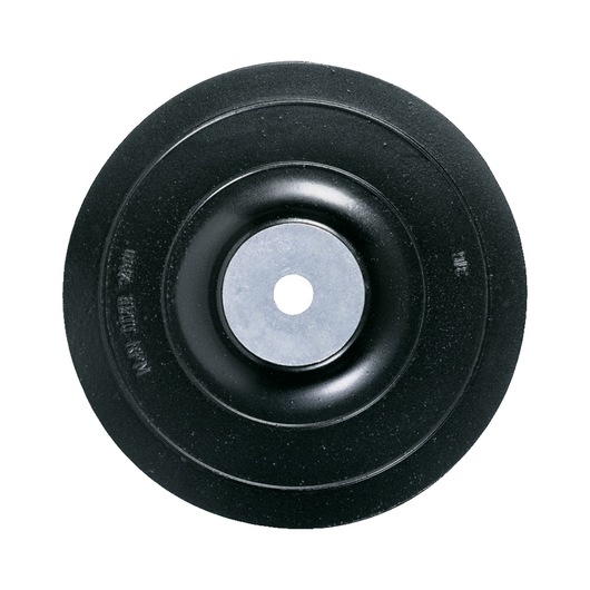 Round DEWALT DT3612 backing pad for abrasive discs, shown from above, black with a central metal hole.