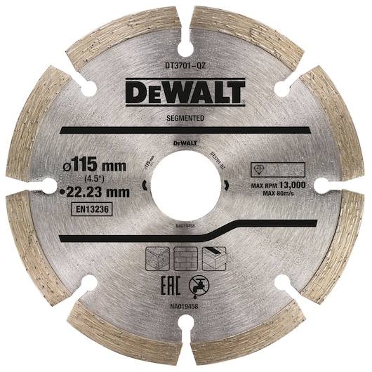DEWALT segmented diamond cutting disc DT3701, 115 mm diameter, 22.23 mm center hole, for masonry and concrete material, maximum RPM 13,000, silver color with labeled specifications.