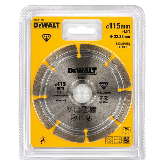 Packaged DEWALT segmented diamond saw blade, model DT3701, with 115 mm diameter and 22.23 mm bore, suitable for cutting materials like bricks and concrete.