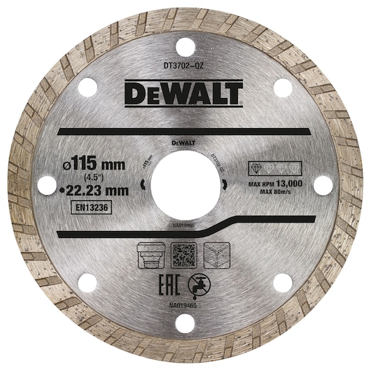 A DEWALT DT3702 circular saw blade for cutting construction materials, showing the specifications 115 mm diameter, 22.23 mm bore, and maximum speed 13,000 RPM. The blade features segmented rim design and several standard markings.