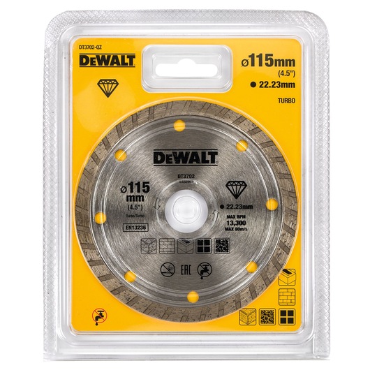 A DEWALT DT3702 diamond cutting disc, 115mm diameter with a 22.23mm arbor, packaged in a clear plastic case with yellow backing. Suitable for cutting tiles, stone, and masonry materials. The product is labeled with technical specifications and safety icons.