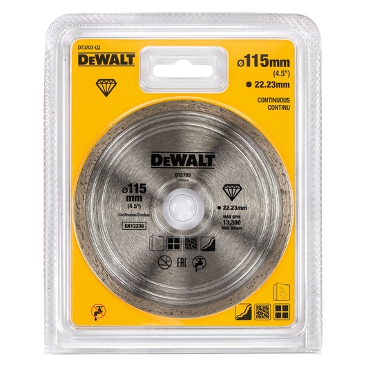 Packaged DEWALT DT3703 diamond cutting disc, 115mm diameter, continuous rim, designed for cutting tile and stone, displayed in clear plastic packaging with yellow label.