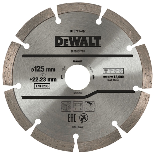 A segmented circular saw blade from DEWALT, model DT3711, designed for cutting masonry materials. The blade diameter is 125 mm with a central hole of 22.23 mm. Markings indicate a maximum rotational speed of 12,000 RPM and compatibility with EN13236 standards. The blade has symbols illustrating its use with concrete, brick, and stone.