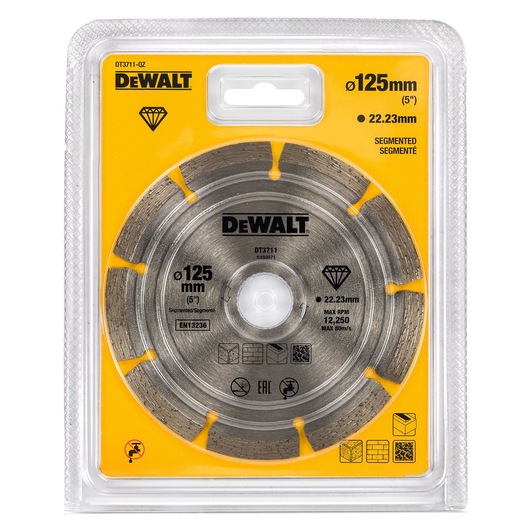 Packaged DEWALT segmented diamond saw blade, model DT3711, 125 mm diameter, for cutting masonry and building materials. The blade is shown in a clear plastic packaging with yellow and black details and product specifications printed on the front.