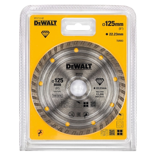 DEWALT DT3712 125mm turbo diamond blade in yellow retail packaging, suitable for cutting and grinding.