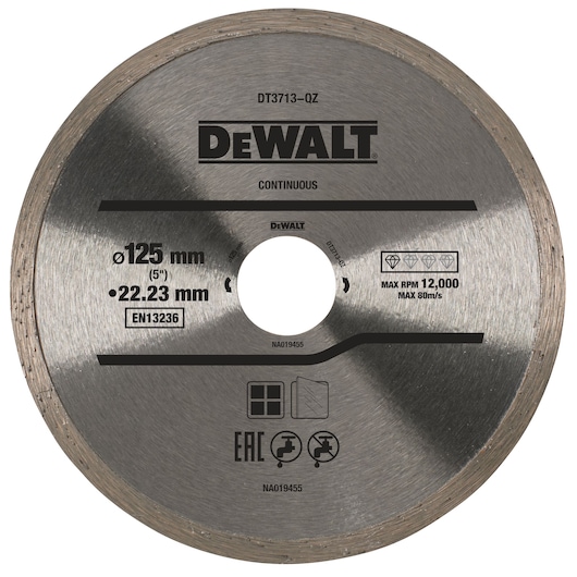 A DEWALT DT3713 circular saw blade for cutting, with a diameter of 125mm and a center hole size of 22.23mm. The blade is metal with a continuous rim and product specifications printed on its face, including maximum RPM of 12,000 and safety certification icons.