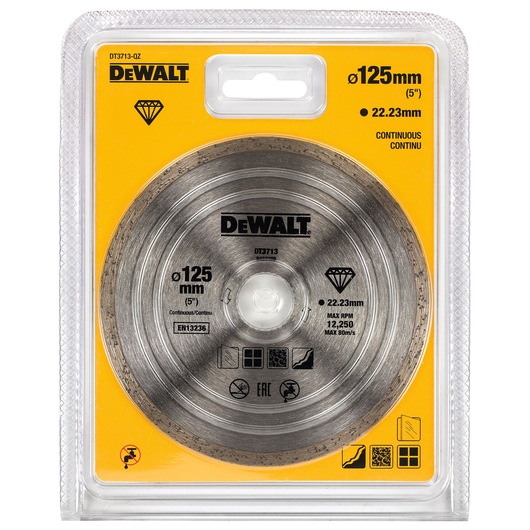 DEWALT DT3713 diamond cutting disc in retail packaging, designed for continuous cutting. The disc has a diameter of 125 mm and a bore size of 22.23 mm, suitable for various materials. The packaging is mainly yellow with the DEWALT logo and product information prominently displayed.