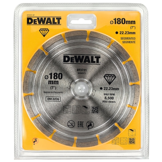 DEWALT segmented diamond blade DT3721 in retail packaging. The blade is circular with a diameter of 180mm and bore size of 22.23mm. Designed for cutting masonry materials, the packaging displays technical specifications, usage icons, and the DEWALT brand logo.
