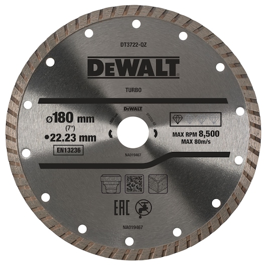 DEWALT DT3722 circular saw blade with a turbo rim, 180 mm diameter and 22.23 mm bore, designed for cutting stone and construction materials. The blade displays technical specifications including maximum speed of 8,500 RPM and 80 m/s, as well as icons for usage and certification.