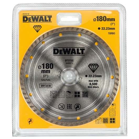 DEWALT DT3722 diamond-tipped circular saw blade in yellow retail packaging, with specifications including diameter 180 mm and 22.23 mm arbor size visible on the front.