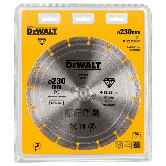 DEWALT DT3731 segmented diamond blade for cutting materials such as brick and stone, 230mm diameter, packaged in a yellow and transparent blister pack. Product details and specifications are visible on the packaging.