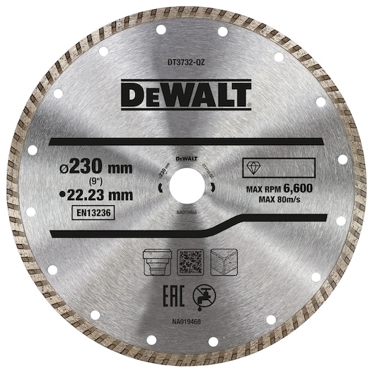 A close-up image of a DEWALT circular saw blade model DT3732. The blade is silver with the DEWALT logo in the center. Specifications printed on the blade include a diameter of 230 mm (9 inches), a bore size of 22.23 mm, maximum RPM of 6,600, and maximum speed of 80 m/s. The blade also features several icons, certification markings, and a serrated edge for cutting.
