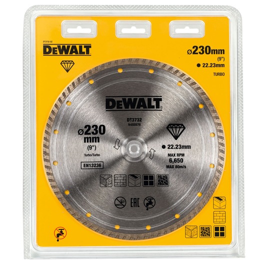 DEWALT DT3732 diamond turbo circular saw blade, 230 mm diameter and 22.23 mm bore, packaged in a clear plastic clam shell with yellow and black branding. Blade is designed for cutting stone, brick, concrete, and masonry materials.