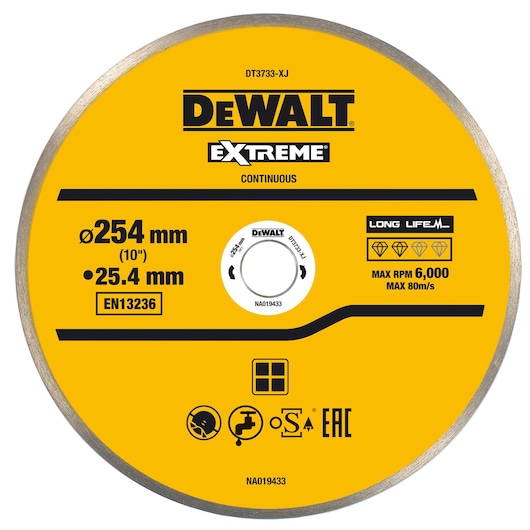DEWALT Extreme DT3733-XJ circular saw blade with a continuous rim. The blade is yellow with specifications printed on it, including a diameter of 254 mm (10 inches), arbor size of 25.4 mm, max RPM of 6,000, and compliance with EN13236. Marked for long life and suitable for various materials.